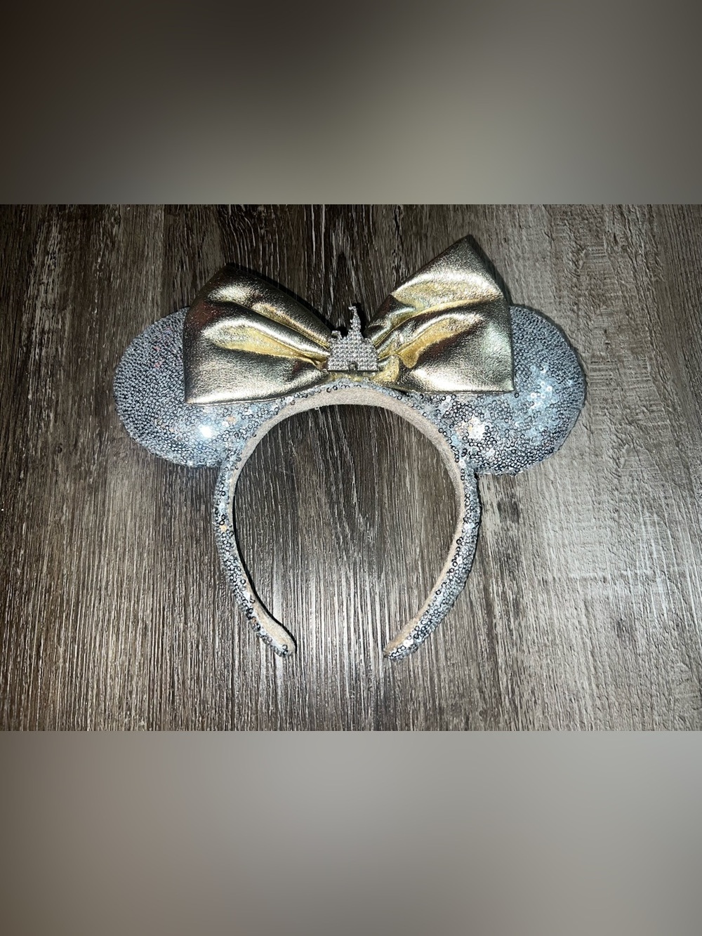 Disney Parks Minnie Ears Headband Cinderella Castle Silver Sequins Gold Bow